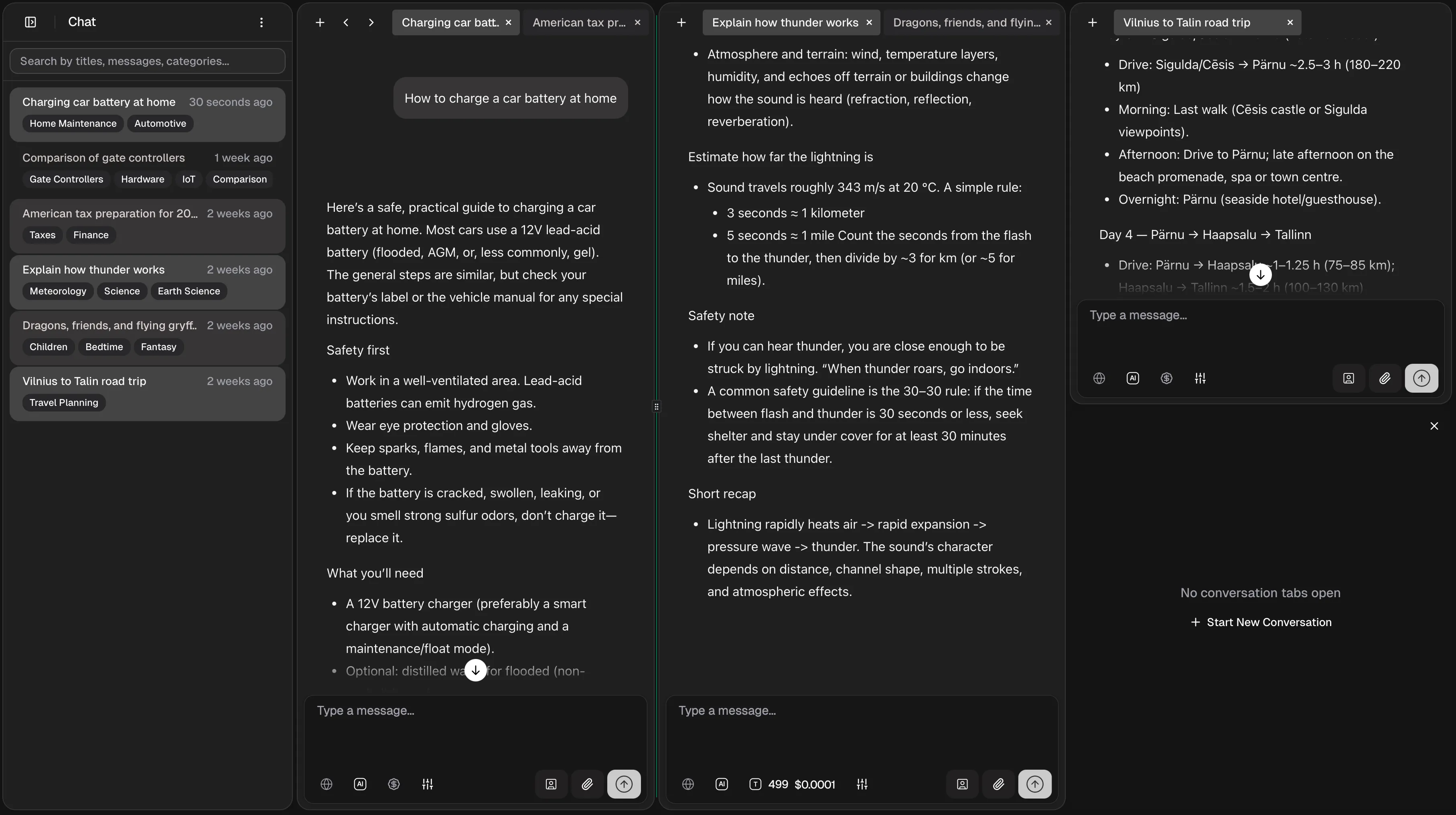 Multiple chat panes and tabs interface