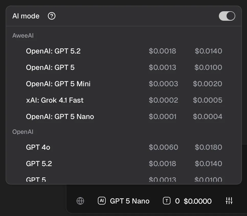AI model selection and pricing interface