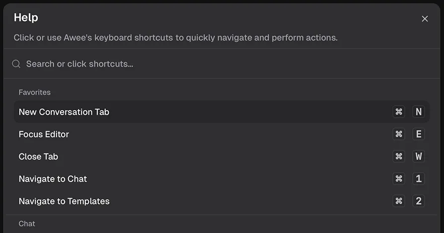 Keyboard shortcuts and quick actions menu